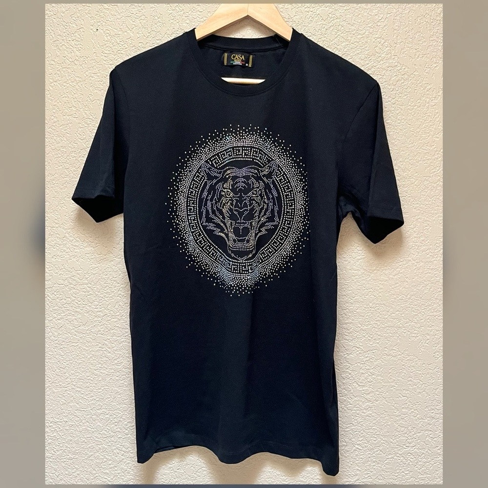 Casa Moda Couture Men’s Black Shirt  Rhinestone Tiger Face Design -Size M
